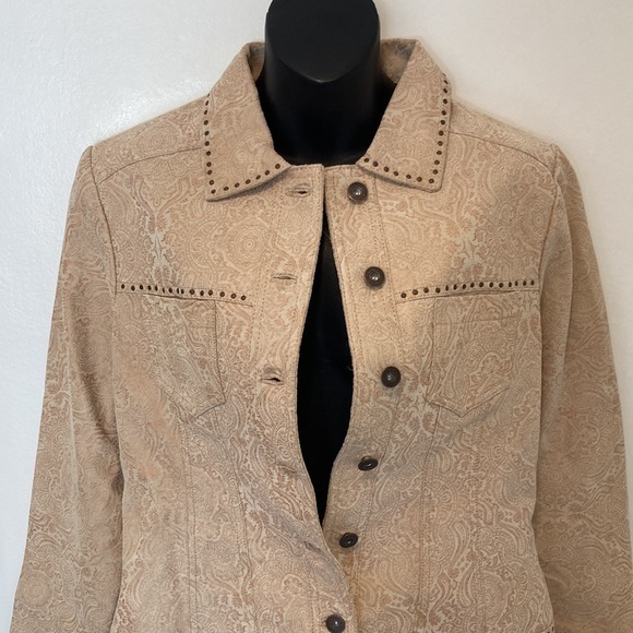 C CONCEPT Leather Jacket Tan with Paisley Rose Gold Design Size 8 - Picture 2 of 8